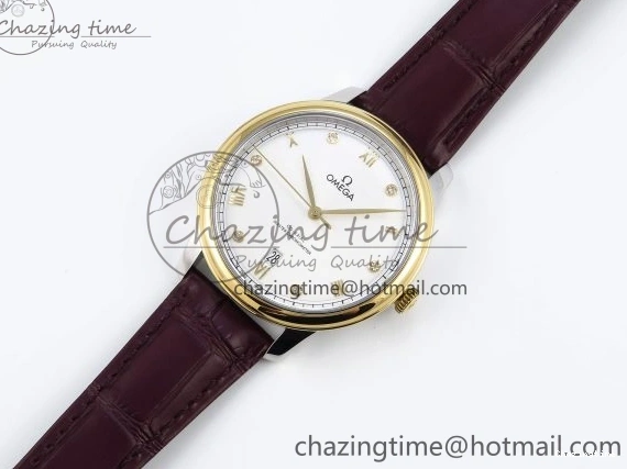 0421 De Ville Date YG MKF 1:1 Best Edition White Textured Dial Diamonds Marker on Brown Leather Strap A WaterResistant 7754